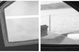 Project completed: new window plastic puts life back into a sprayhood (dodger). Inside view of the author’s replacement windows, at left, and the outside view, at right. Who would guess that the plastic is doubled up at the seams?