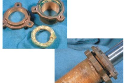 Stuffing box parts, at left, and the stuffing box glassed to the rudder tube, at right. Courtesy of Edson International.