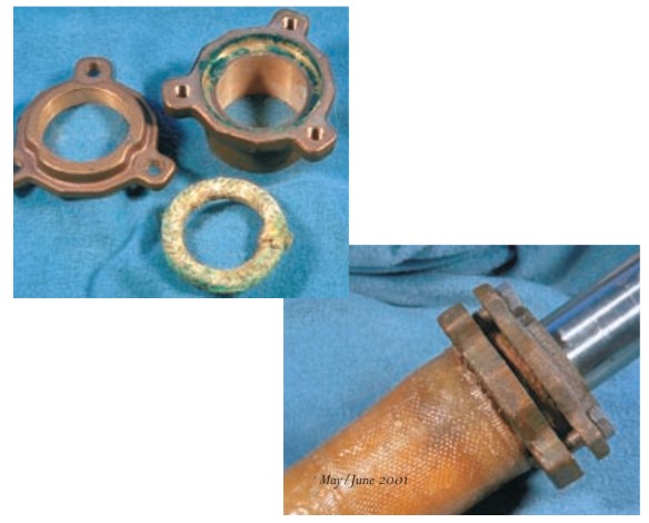 Stuffing box parts, at left, and the stuffing box glassed to the rudder tube, at right. Courtesy of Edson International.