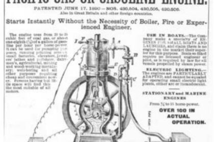 This all-purpose engine was offered by Pacific Engine Co. in 1890. It could be run on coal (producer) gas or gasoline.