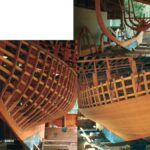 Wynfall, a 26-foot cutter designed by the author. Top right, the stem, keel, and deadwood have been erected atop the ballast keel, and some molds are in place. Below, ready for planking with frames and ribbands delineating the hull and with some planks in place.