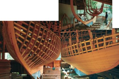 Wynfall, a 26-foot cutter designed by the author. Top right, the stem, keel, and deadwood have been erected atop the ballast keel, and some molds are in place. Below, ready for planking with frames and ribbands delineating the hull and with some planks in place.