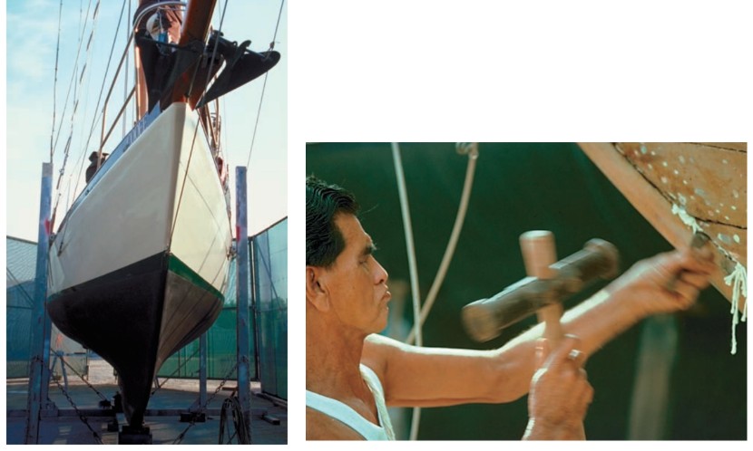 A more recent harbor, at left, and Singapore, where Cooee gets new cotton in her underwater seams, right.