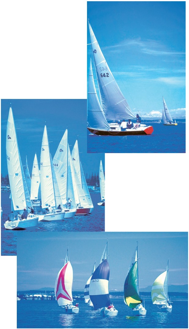 Snow-covered Mount Baker makes a stunning backdrop, top, as overall winner Owl, in foreground, and Honeysuckle Rose slug it out; the fleet makes a good start, at cent; and runs the downwind leg flying spinnakers, bottom. Thunderbirds, 26 feet overall, make great one-design racers and family cruisers.