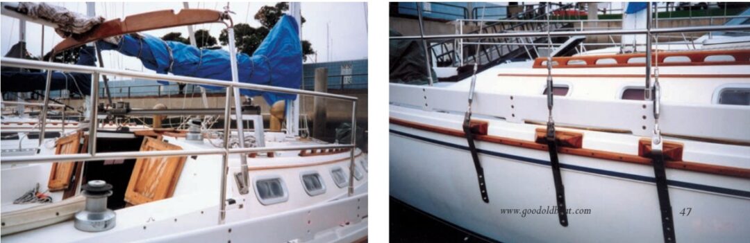 A work in progress, at left, White Dove has new rails, bulwarks, ports and boom gallows. At this stage of the renovation, the cockpit was filled with a full-size workbench. The outboard chainplates, bulwarks with integrated stainless rails, and a few of the new opening ports, at right.