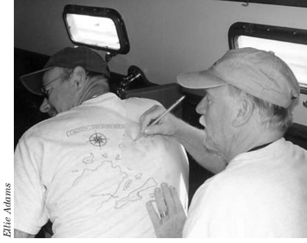 CAUTION: This chart is not intended for use in navigation! While Good Old Boat does not recommend the method shown at right (our lawyers made us say that), Jim Hawkins explores the creative range of chart tracing using the illustrated T-shirt worn by fellow sailor Chuck Chism.
