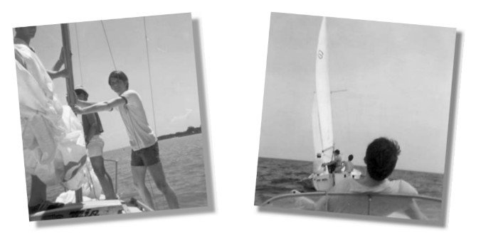 At left, Charlie Allen leaning to the mast, author Glen Smith on the bow. At right, To save gas, Es Mia tows the ski boat owned by Charlie Allen (in foreground). The group would ski until the boat ran out of gas. Then the sailboat would tow it home once more.