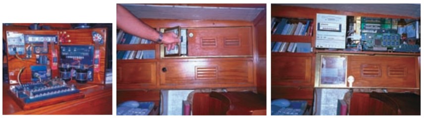 Tim’s computer and related electronic equipment are remarkable primarily because he’s managed to fit everything onboard, for one thing, and to make it vanish from sight, for another. Tim has removed sterile-looking metal and plastic cases and created his own handcrafted cabinetry and access lockers which blend into the furnishings of his Cheoy Lee.