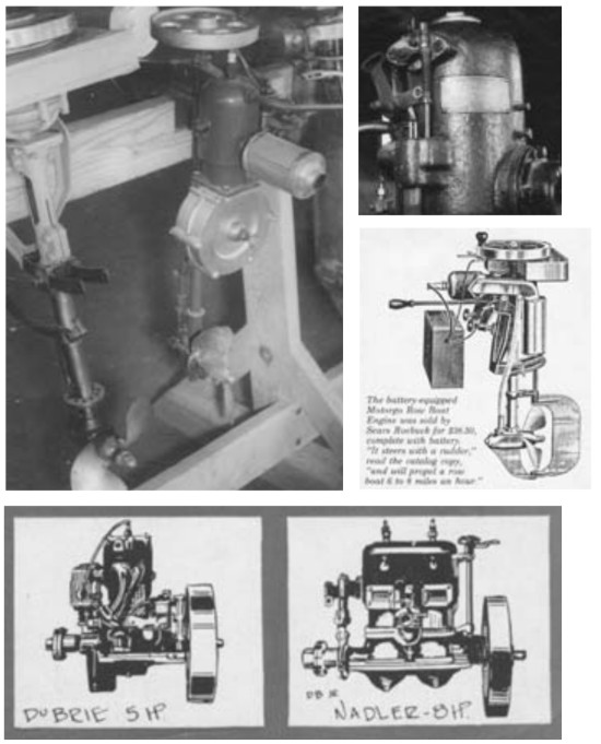 One- and two-lunger engines, circa 1910, bottom left and right. Two long-shafts, at top left, also from 1910. No one had yet thought to place the cylinder horizontally. A 1900s make-and-break engine, top right, and the Sears Roebuck $38.50 Motorgo Row Boat Engine, middle right.