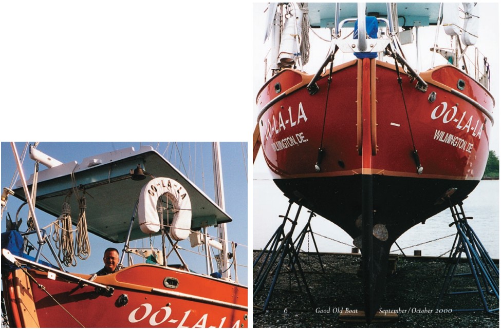 Jeff and Julie Mack write of Oo-La-La, their Westsail 32, “She is a prime example of a W32 with a homebuilt interior finished to factory specs. She is finished inside in African ribbon mahogany. On the outside, she is nothing but fantastic.” Oo-La-La also has a rather unusual custom foam core and fiberglass hardtop. Of this, Jeff notes, “It is supported by aluminum tubing and is stiff enough to crawl around on.”