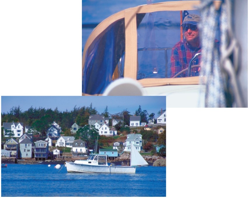 The view from the cockpit. Art Hall in his glory, at right; Stonington, Maine, lower left.