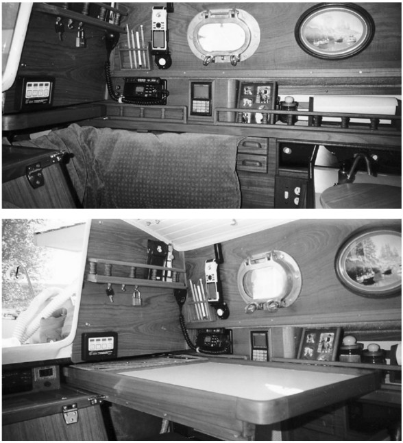The nav station slides out from the quarterberth area when needed. It occasionally doubles as a table for indoor dining.