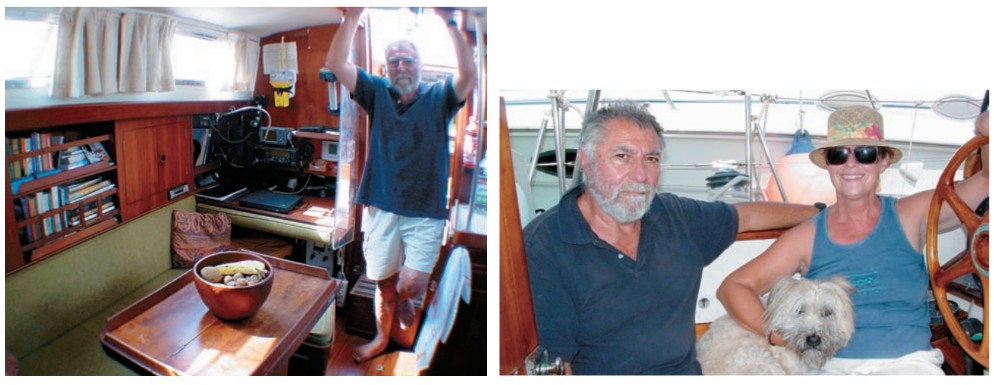 The author, at left, enjoys the cruising life aboard the boat that’s right for him. Everything about this boat, from the hull to the fittings to the cabinetry and the cabin suited the cruising needs of Roberto, his wife, Michele, and their boatdog, Charlotte, at right.