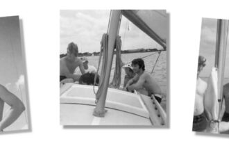 At left, Brian Klock and author Glen Smith enjoy a summer day on Es Mia in 1973. Center, aboard Es Mia on Lake Ponchatrain: Kenny Hughes, owners Nat and Ann Klock, and the author. At right, Charlie Allen in front with half of Brian Klock (we love these old amateur photos!), Kenny Hughes, and author Glen Smith.