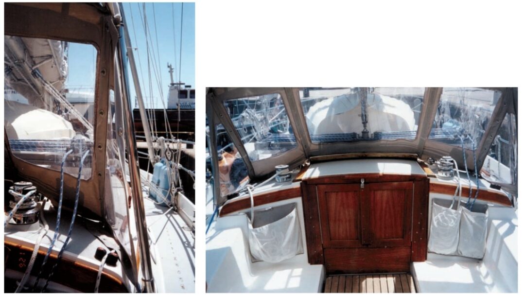 The preventer system, at left, with lines running to the cockpit. The running backstay is attached to the sidedeck when not in use. At right, the companionway doors with the traveler system shown behind the dodger.