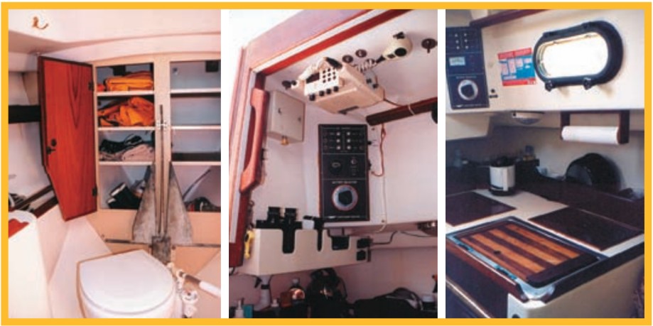 Bruce Barber may have the most extensively updated 25D anywhere. At left and center, a view of the standard head compartment and modifications to create a nav station on his Nancy Dawson. Karma’s galley, at right. Lou and Marcia Ostendorf sail this 25D on the Neuse River and Pamlico Sound with Beaufort, North Carolina, and Ocracoke Island as favorite destinations.