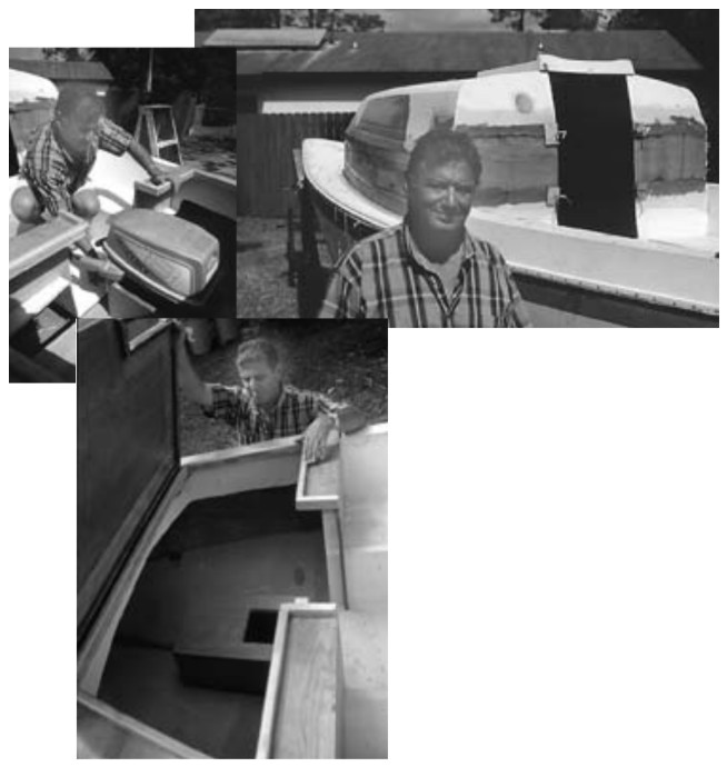 Ted Adamopoulos and the motor well and raised deckhouse of his much-modified Cal 21.