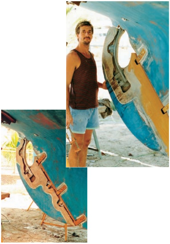 Sandy, ready to bed the upper shaft into the rudder, at right. Looking for the “sweet spot” in the alignment at left. The difficulty comes with lining up six bearing points: three lower pintles, the Cutless bearing, the stuffing box, and the cockpit bearing.