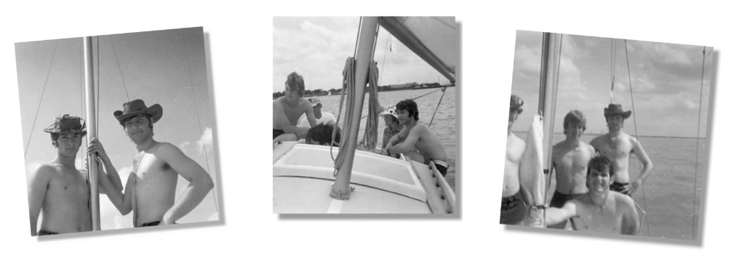 At left, Brian Klock and author Glen Smith enjoy a summer day on Es Mia in 1973. Center, aboard Es Mia on Lake Ponchatrain: Kenny Hughes, owners Nat and Ann Klock, and the author. At right, Charlie Allen in front with half of Brian Klock (we love these old amateur photos!), Kenny Hughes, and author Glen Smith.