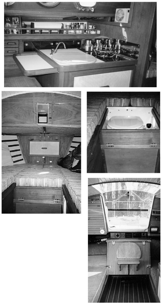 The galley with its custom breadboard sink cover and stovetop fiddles, at top; the head cabinet in the V-berth left and middle right, and the pull-down seat at the companionway, lower right.