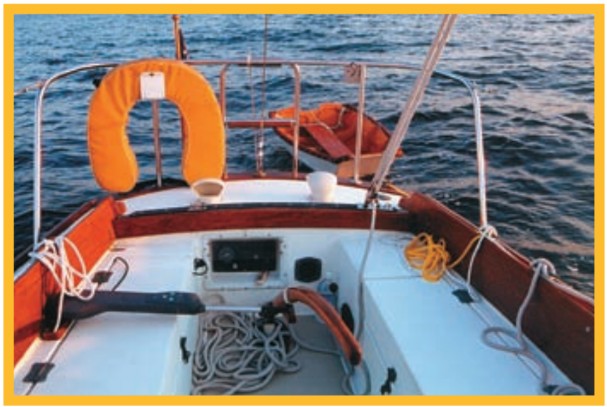 Nancy Dawson’s cockpit. Bruce Barber has revised a John Gardner pram (in tow) creating a dinghy which can be stowed on the foredeck. He notes that the pram’s not all that comfortable to row and makes more of a surface disturbance than the Nancy Dawson when under way, but his grandson loves the small boat.