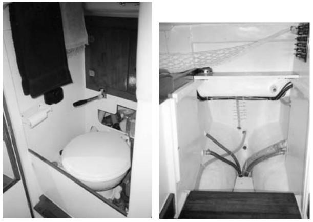 Atom’s head, at left, showing the Lavac toilet behind a watertight bulkhead. And the former engine compartment, at right, showing the watertight cockpit locker drain hoses (shutoff valves are located under main cabin floorboard) and integral water tank built between the hull and cockpit floor.