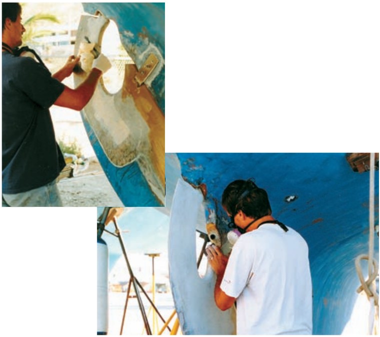 Sandy fills the large voids around the upper shaft with polyurethane insulation foam, at left, before doing the final glassing and fairing at right.