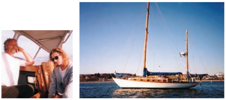 At left, Tim and Tai sail on Monterey Bay when not working on Sala-ma-sond. At right, clearly a classic: the Cheoy Lee Offshore 40 inspired by Phil Rhodes’ Reliant.