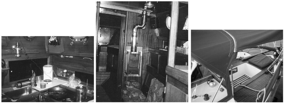 Russ Oldfather’s Elohssa Repus, at left, and the Macks’ Oo-La-La, center, show comfortable all-wood interiors. Elohssa Repus’ deck, at right.