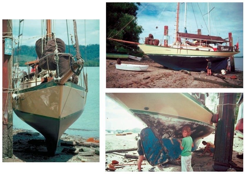At left, Cooee with just a slight lean into the piles waits for the flood tide ready for another year’s cruising. Logs or tires for the keel to settle on must be accurately placed and weighted down. At top right, Cooee dries out against piles in Lumut, Malaysia. Jill Knight gets some help, below right, in the race against the tide; flat fenders work well where the topsides come to rest.