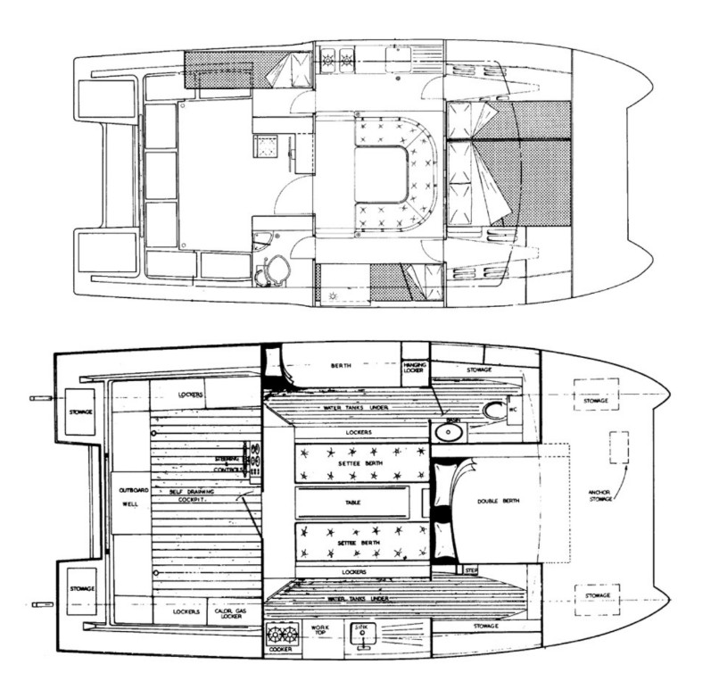 According to the author, the Catalac 30, top, offers the best layout in a cruising boat. The Catalac 27, below, was built from the same bottom mold as the Catalac 30, but with a different deck and interior.