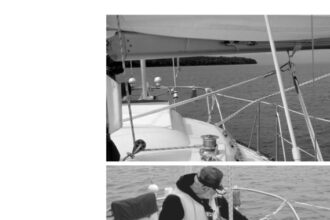 Photo at left above shows the control line and cleat and the caribiner that eases the release and prevents premature recleating. Photo at left shows how a flick of the wrist sets up the vang/preventer.