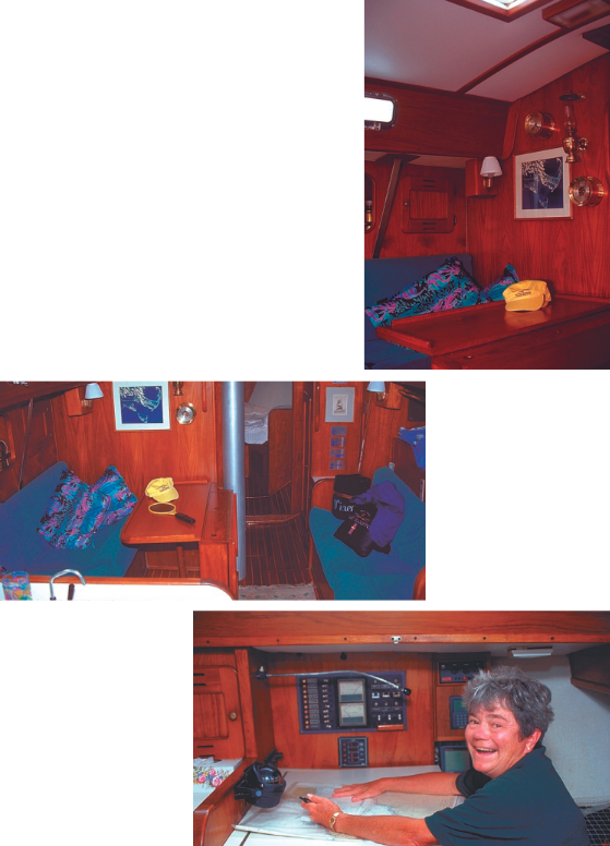 Vixen’s interior is warm and homey. Judy, below, in one of her favorite roles: ship’s navigator. Recently the Kilroys bought a Catalina 38 for winter cruising in the Caribbean. Although they looked, they were unable to find another Morgan 38 quite as nice as Vixen.