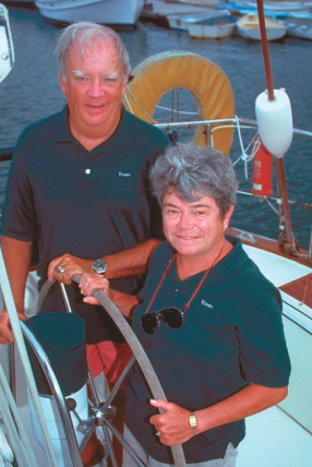 Dick and Judy Kilroy, at right, spend all available weekends cruising on Vixen and race each year in the Marion-Bermuda Cruising Yacht race.
