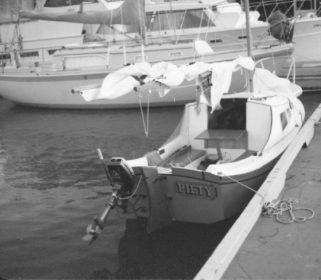 Craig’s former West Wight Potter 15, Piety, sits at the dock awaiting the next adventure.