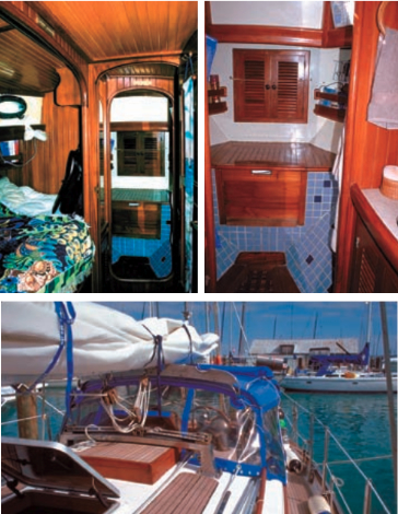 Homey touches make this salty boat warm and comfortable: real dishes, fluffy pillows, books, photos, and its teak- and-rosewood joinery. The head is tiled and the countertop is of marble. The table in the main salon also has a marble inlay. Instead of this centerpiece, the salon table of some of the 35s was inlaid with a marble chessboard.