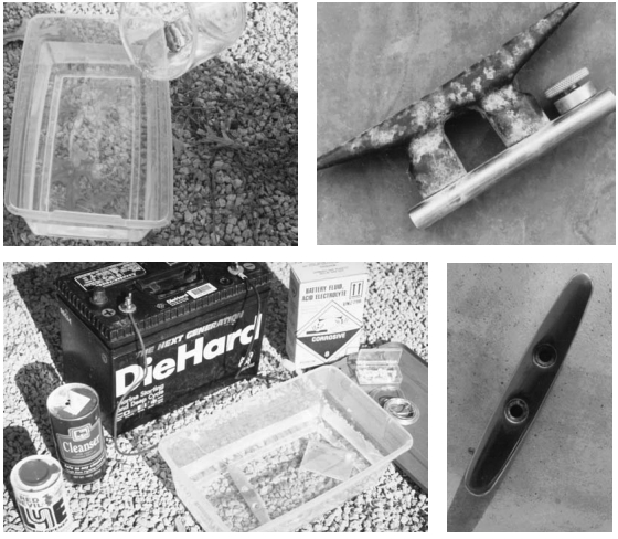 The cleat – before and after – shown in the photos at right. Remember: do not pour the water into the acid. Pour the acid into the water (photo at top left.) Make enough solution to completely cover the part to be anodized. Assemble the anodizing setup (photo at lower left). You need a battery, a plastic container, scrap aluminum, cleanser, lye (if you want a matte finish), aluminum wire, paper towels or cotton gloves, and battery acid to make the sulphuric solution.