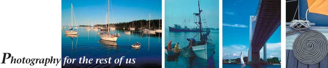 From left, a sight line created by the dinghy and its wake, an action shot as the fishermen work the net, a sight line created by the bridge, a color pattern created by the flaked line.