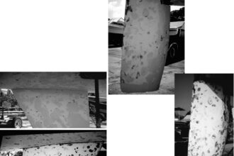 This and the facing page show Parnassus in Phases One and Two. The first shots show the blisters shortly after Parnassus was hauled out. The second set of shots show Parnassus with blister locations, dates and moisture meter readings marked.