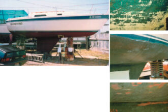 Facing page: Lest we forget . . . the end result is worth all the effort. The Cal 2-25, Second Wind, deserves a second look. This page, Second Wind’s progress: during gelcoat removal (note holes in blue gelcoat); with the gelcoat removed (note light-colored voids); blisters and voids filled and roughly faired (note large filled area at the waterline).