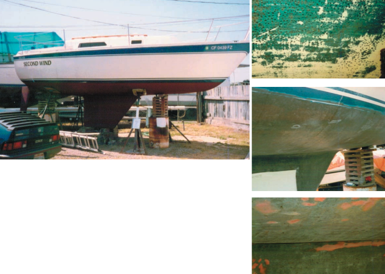 Facing page: Lest we forget . . . the end result is worth all the effort. The Cal 2-25, Second Wind, deserves a second look. This page, Second Wind’s progress: during gelcoat removal (note holes in blue gelcoat); with the gelcoat removed (note light-colored voids); blisters and voids filled and roughly faired (note large filled area at the waterline).