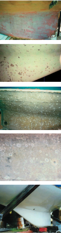 Can Do II’s progress: blisters before the bottom paint was removed; blisters after the bottom paint was removed; opened blisters after the gelcoat was removed; blisters in keel housing (note holes through laminate and damaged laminate around the blisters); and finally after five coats of epoxy.