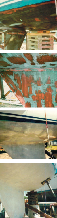 Second Wind’s story continues: sealed with penetrating epoxy; the final fairing mix applied with notched spreader; first coat of tinted epoxy; and the results of six coats of tinted epoxy.