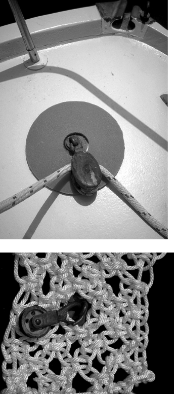 Like shroud rollers, thump mats come in at least two flavors: nautical and somewhat more practical but generally made from materials right from the local hardware or, in this case, a camping supply store. The mat above is made from closed- cell foam, often sold as a camping pad. This foam works well because it won’t absorb water. The mat below is crafted the old-fashioned way using basic macramé knots.