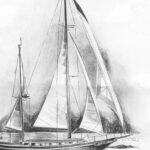Drawing of a classic wooden yacht sailing