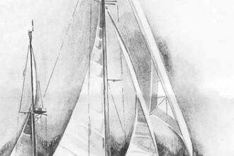 Drawing of a classic wooden yacht sailing