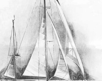Drawing of a classic wooden yacht sailing