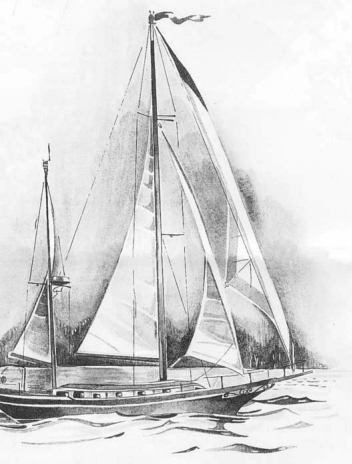 Drawing of a classic wooden yacht sailing