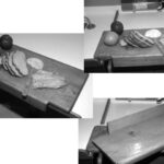 Cutting board fits on the companionway steps, above, and on the galley table fiddles, at left. Construction detail below.