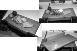 Cutting board fits on the companionway steps, above, and on the galley table fiddles, at left. Construction detail below.